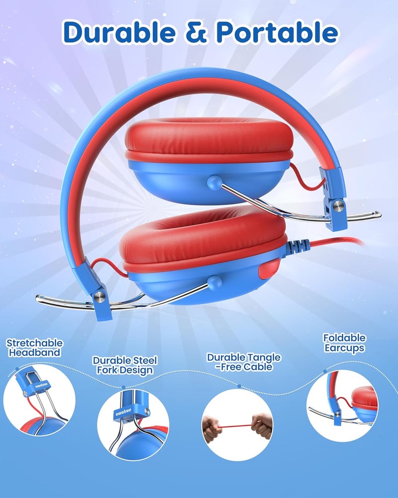 awatrue Kids Headphones for School, 74/85dB Safe Volume Limit, Stereo Sound, Wired On-Ear Headphones for Kids Boys Girls, 3.5mm Jack for Tablet, iPad, Kindle, YOTO Player, Airplane Travel, Blue - Image 5